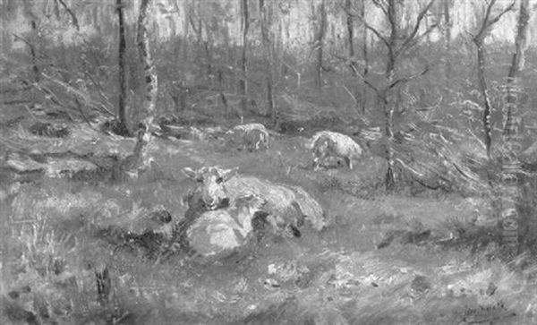 A Ewe Resting With Her Lamb At A Forest Edge Oil Painting by John Frederik Hulk the Younger