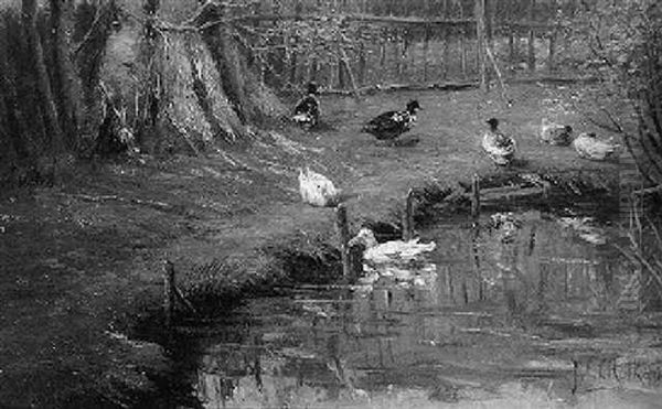 Ducks In A Farmyard Oil Painting by John Frederik Hulk the Younger