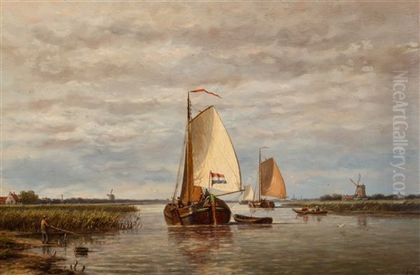 Angler And Boats In The Dutch Polder Oil Painting by Hendrik Hulk