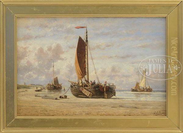 Men Working On Beached Fishing Boats Oil Painting by Hendrik Hulk