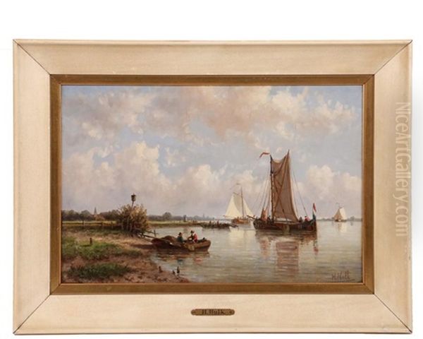 Barges On A Dutch Waterway With Distant Village Oil Painting by Hendrik Hulk