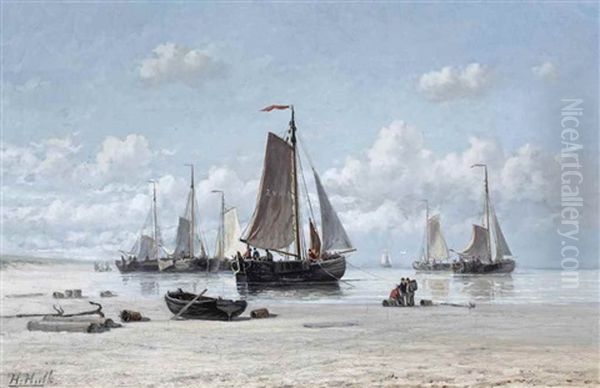 Fishing Vessels On The Beach, Zandvoort Oil Painting by Hendrik Hulk