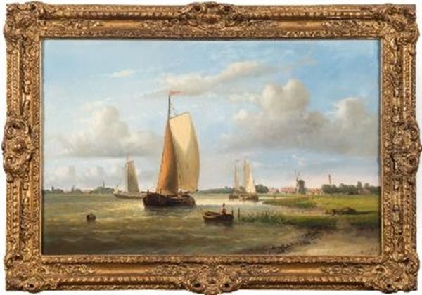 Barges On A Dutch Waterway, View To Windmills And Villages Beyond Oil Painting by Hendrik Hulk