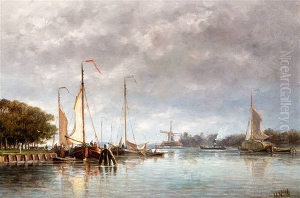 Hooischuiten, Platbodem En Stoomboot Bij Molen De Adriaan Op Het Spaarne Te Haarlem Oil Painting by Hendrik Hulk