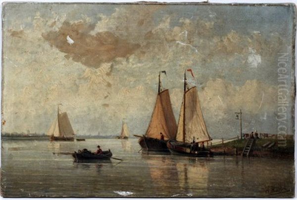 Sailboats At The Shore Oil Painting by Hendrik Hulk