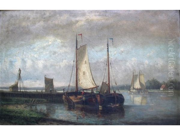 Boats In A Dutch River Landscape (pair) Oil Painting by Hendrik Hulk