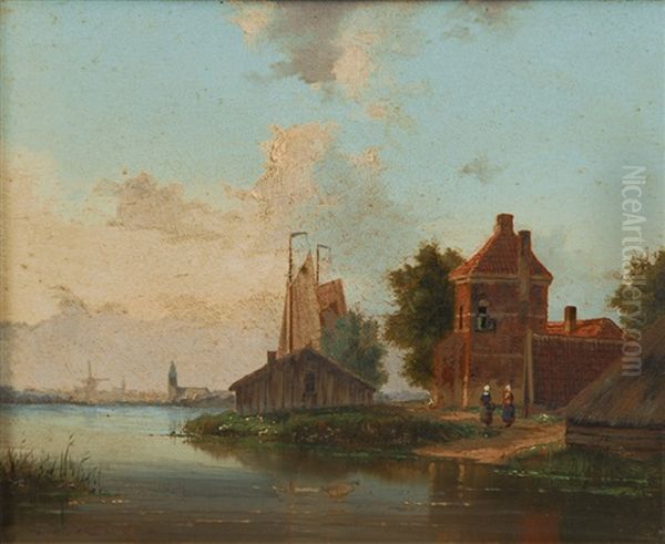 River Landscape With A Dutch Town In The Background Oil Painting by Hendrik Hulk