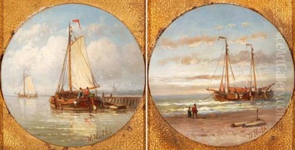 Segelschiff Am Strand (+ Segelschiff Im Hafen; Pair) Oil Painting by Hendrik Hulk