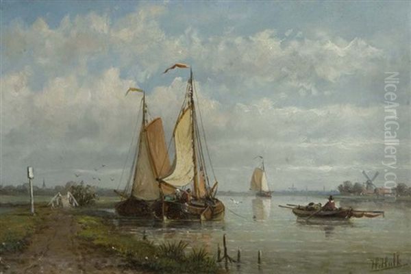 A Dutch River Scene Oil Painting by Hendrik Hulk