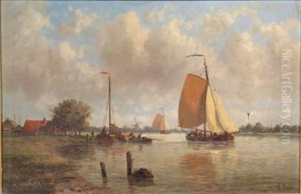 Ketches Sailing On A River Oil Painting by Hendrik Hulk