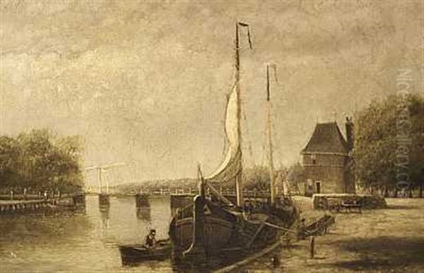 Hollandske Landskab Med Fiskerbade Ud For Haarlem Og Arnhem (+ Another Similar; Pair) Oil Painting by Hendrik Hulk