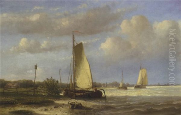 Sailing Barges On A River Oil Painting by Hendrik Hulk