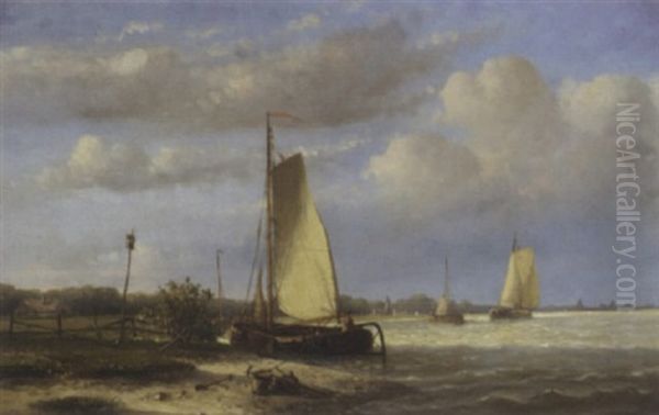 Sailing Barges On A River Oil Painting by Hendrik Hulk