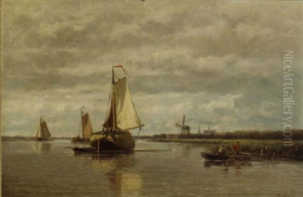 A Calm: A Hay Barge On A River Oil Painting by Hendrik Hulk