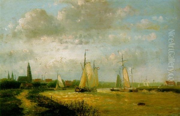 Segelboote Auf Einem Hollandischen Flus Oil Painting by Hendrik Hulk