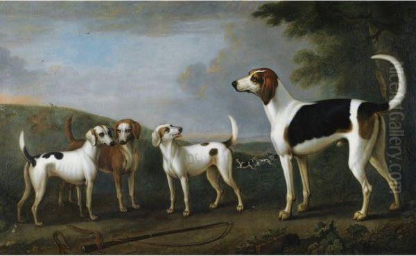 Four Of Sir Robert Walpole's Hounds In A Landscape Oil Painting by Ranelagh Barrett