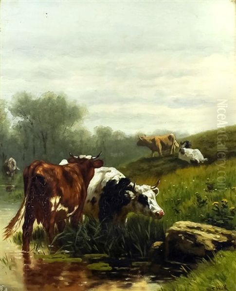 Grazing Cattle With Water Meadows Oil Painting by William Frederick Hulk