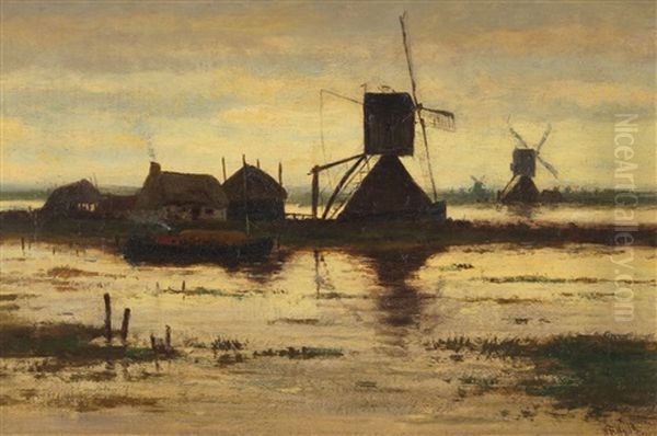 Windmills At Dusk Oil Painting by William Frederick Hulk