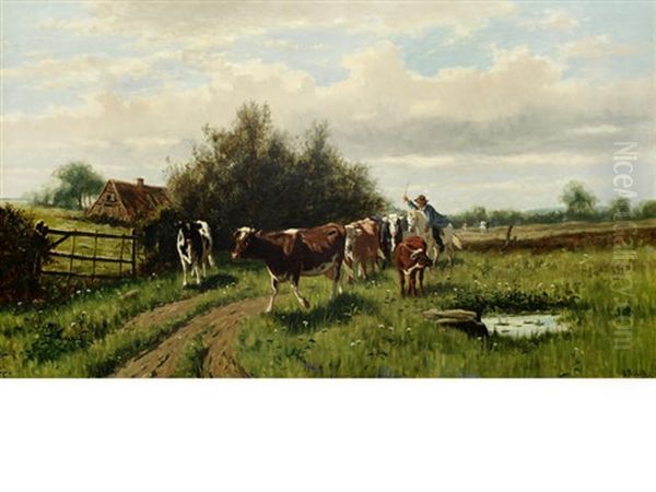 Drover And Cattle Oil Painting by William Frederick Hulk