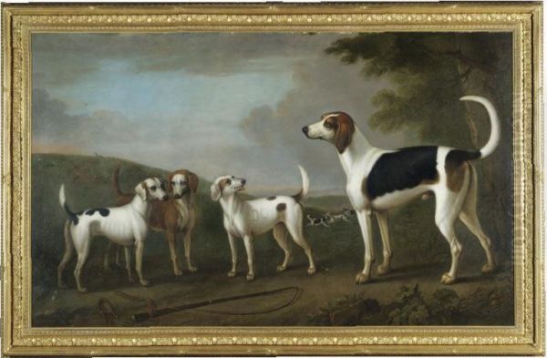 Four Of Sir Robert Walpole's Hounds In A Landscape Oil Painting by Ranelagh Barrett