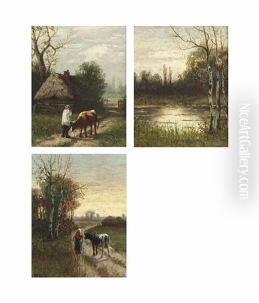 A Peasant With A Cow Near A Wooden Shed; And A Wooded Landscape At Sunset With A Peasant Woman And A Cow; A Wooded Landscape With A Pond (3 Works) Oil Painting by William Frederick Hulk