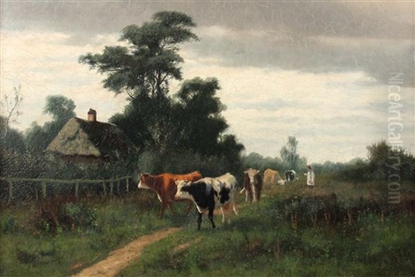 Kuhe Mit Hirte Oil Painting by William Frederick Hulk