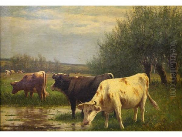 Cows Watering Oil Painting by William Frederick Hulk