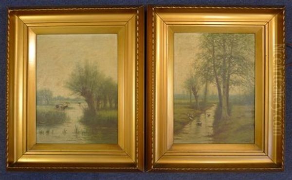 River Landscapes With Cattle And Ducks (pair) Oil Painting by William Frederick Hulk