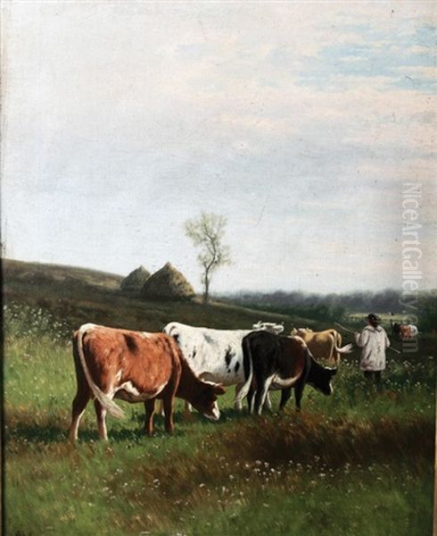 Cattle And Farmer In A Landscape Oil Painting by William Frederick Hulk