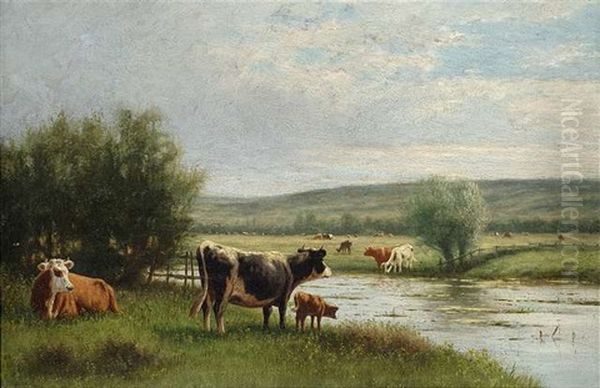 Drinking Time (weite Landschaft Mit Kuhen Am Flussufer) Oil Painting by William Frederick Hulk