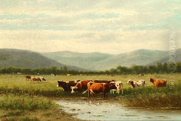 Cattle Watering (+ Ducks On A Pond By A Farmstead; Pair) Oil Painting by William Frederick Hulk