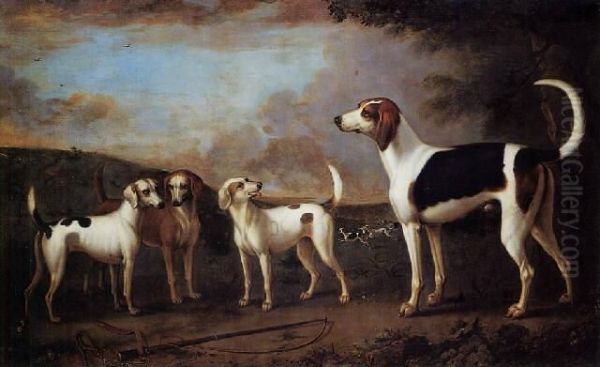 Four Of Sir Robert Walpole's Hounds In A Landscape Oil Painting by Ranelagh Barrett