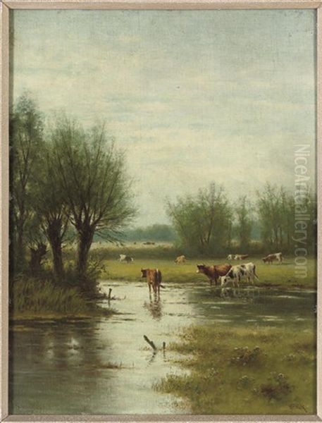 Cattle Watering In A Flooded Field (+ A Herder Driving His Cattle Through The Snow; Pair) Oil Painting by William Frederick Hulk