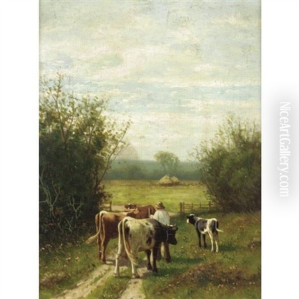 Herding Cattle (+ Watering By A Stream; Pair) Oil Painting by William Frederick Hulk