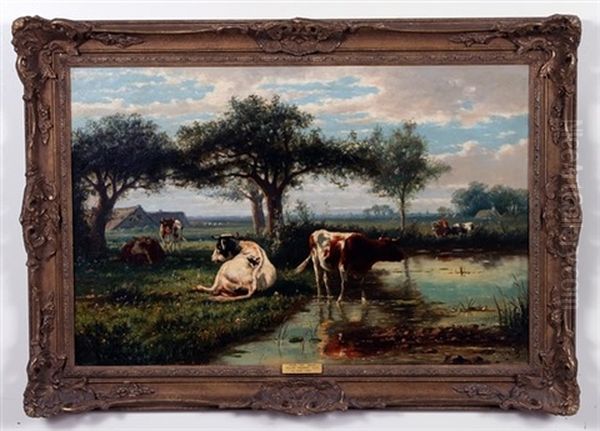 Near The Brook, Landscape With Cows Oil Painting by William Frederick Hulk