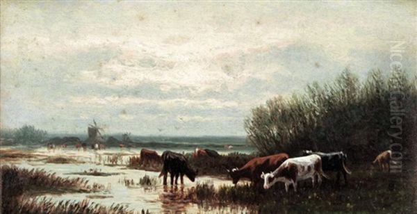 Cattle Watering (+ Cattle With Windmill; Pair) Oil Painting by William Frederick Hulk