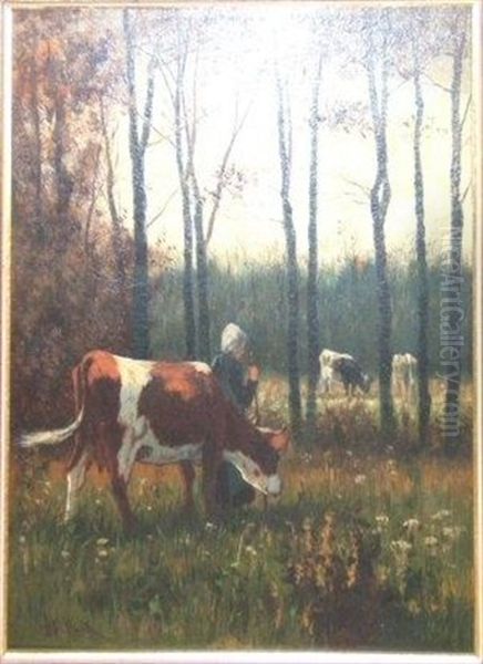 A Girl In A Field With Cattle Oil Painting by William Frederick Hulk