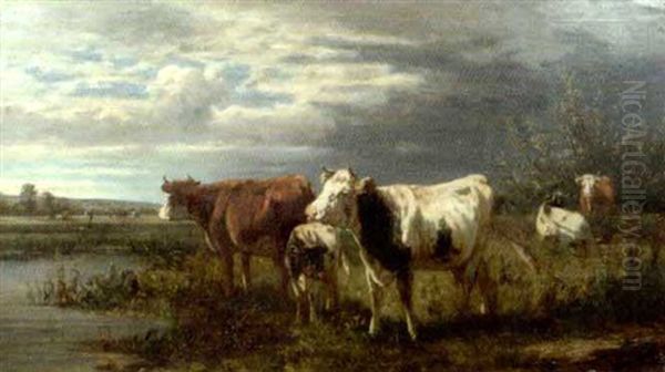 A River Landscape With Cows Grazing At The Waters Edge Oil Painting by William Frederick Hulk