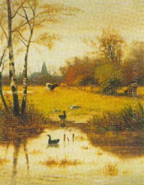 Country Landscape With Ducks By A Pond In The Foreground Oil Painting by William Frederick Hulk