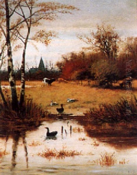 Country Landscape With Ducks By A Pond In The Foreground Oil Painting by William Frederick Hulk