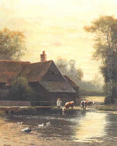 Watering Cows Near A Farm Oil Painting by William Frederick Hulk