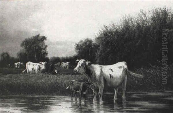 Cattle In A Watermeadow Oil Painting by William Frederick Hulk