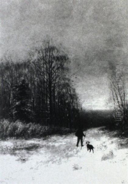 Man And His Dog On Snow Covered Lane Oil Painting by William Frederick Hulk