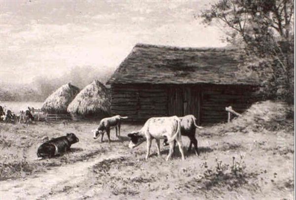 Cattle Watering [&] Calves Grazing Near A Barn Oil Painting by William Frederick Hulk