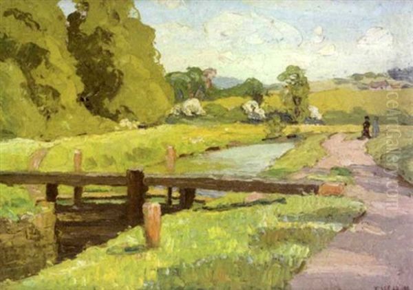 Figures Strolling Along Canal Path by Frederick W. Hull