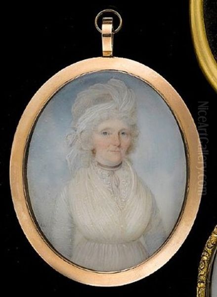 A Lady, Wearing White Dress With Lace Trim, Black Ribbon Choker, Gold Earrings, Her Powdered Hair Upswept And Dressed Beneath A White Turban Oil Painting by Thomas Hull