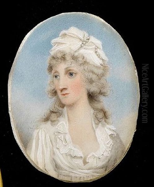 A Lady, Wearing White Dress, Her Curled And Powdered Hair Worn Long And Dressed With A White Turban And Strands Of Pearls Oil Painting by Thomas Hull