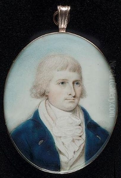 A Gentleman Wearing Blue Coat, White Waistcoat And Frilled Chemise Oil Painting by Thomas Hull