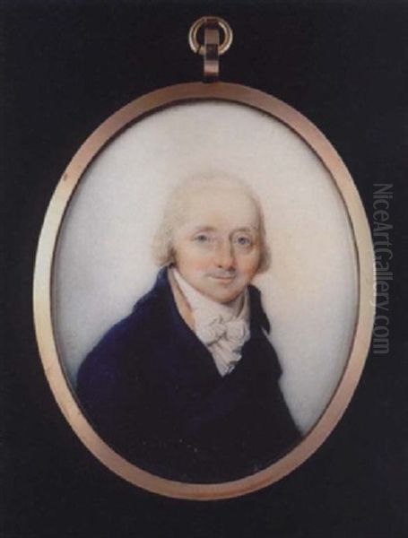 A Portrait Of An Elderly Gentleman With Short Powdered Hair, Wearing Royal Blue Coat With Cream Waistcoat And Tied White Cravat Oil Painting by Thomas Hull