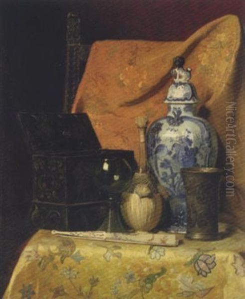 Still Life With Fan And Oriental Vase Oil Painting by Axel Hendrik Hulle